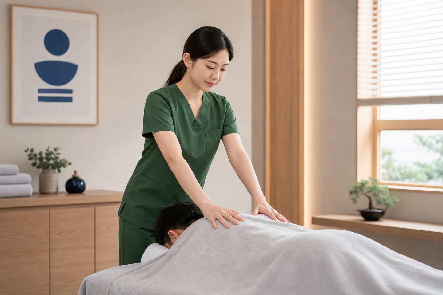 20대 한국인 여성 마사지사가 불투명한 천으로 완전히 가려진 성인 고객의 어깨를 전문적으로 관리하는 모습